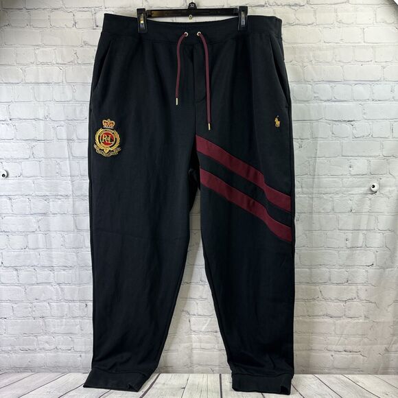 POLO Ralph Lauren Men Embroidered Gold Crest Logo Jogger Pants Black Maroon 2XLT - Picture 2 of 15